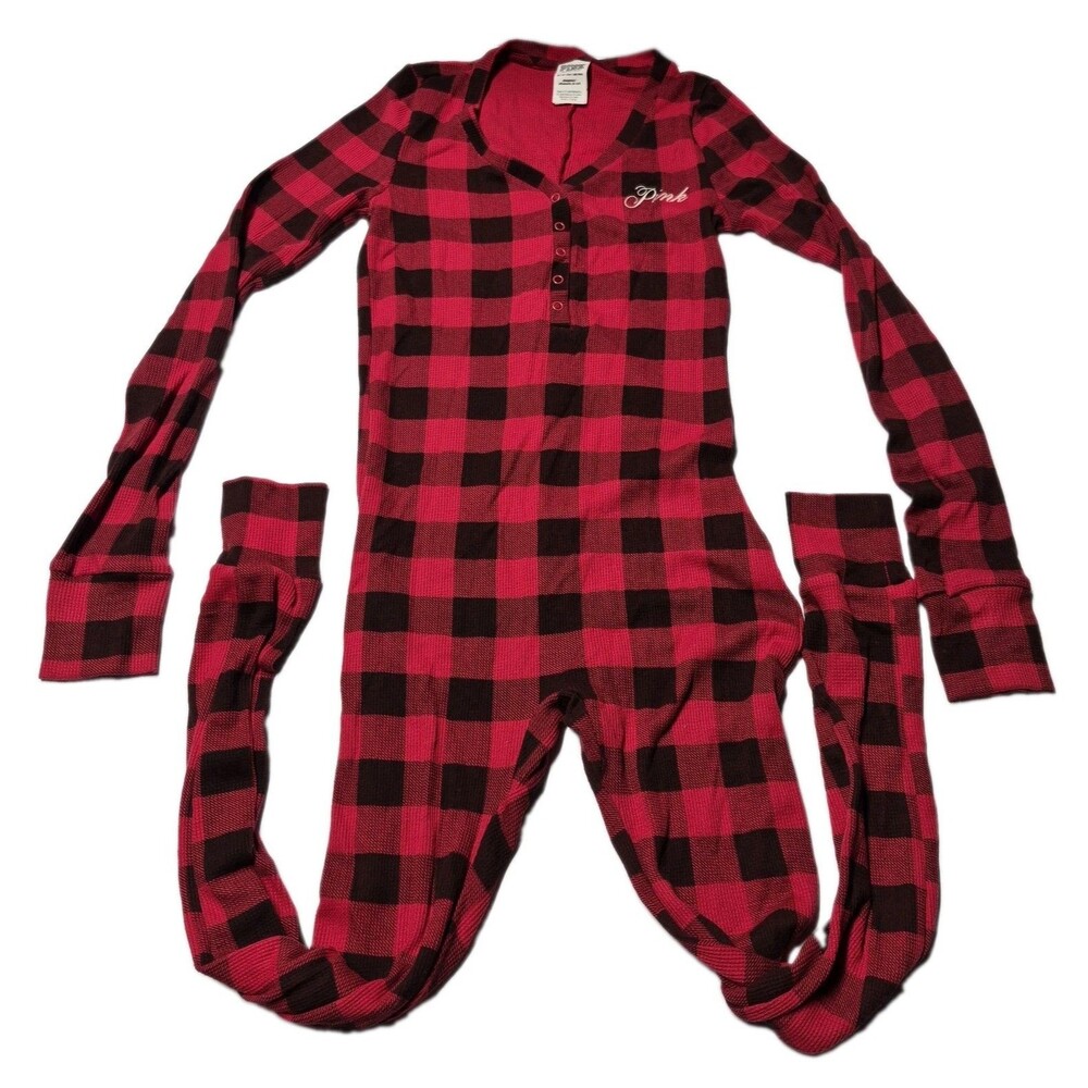 ​PINK Victoria Secret XS Red Buffalo Plaid Waffle Knit Thermal Pajama PJ